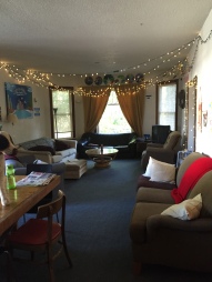 our living room complete with Christmas lights and couches older than me